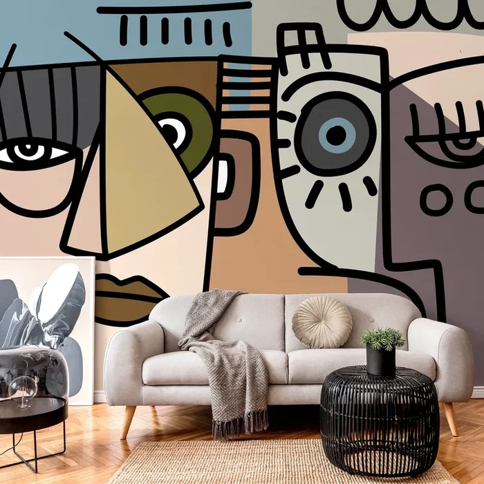 Cubism Wallpaper Featuring Abstract Faces In Brown, Blue, And Gray – D567