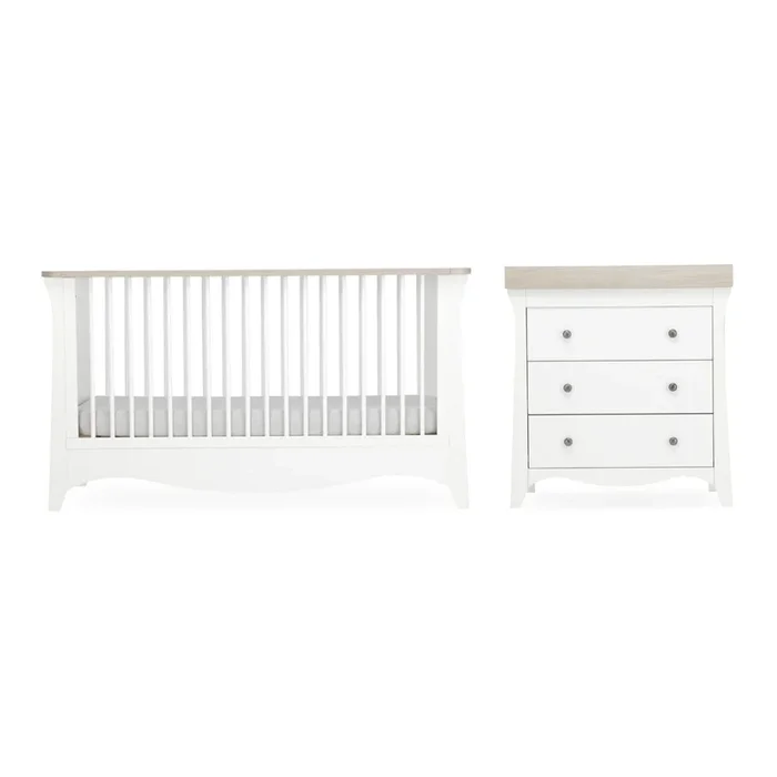 Cuddleco Clara 2 Piece Set 3 Drawer Dresser and Cot Bed – White Ash