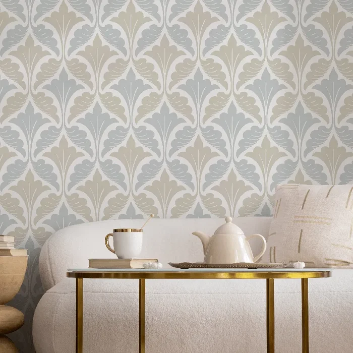 Damask Wallpaper With A Stylized Leaf Motif In Light Blue And Beige – D190
