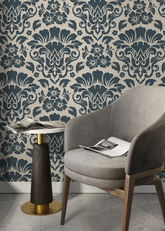 Damask Wallpaper With An Intricate Floral Motif In Navy And Beige – D217