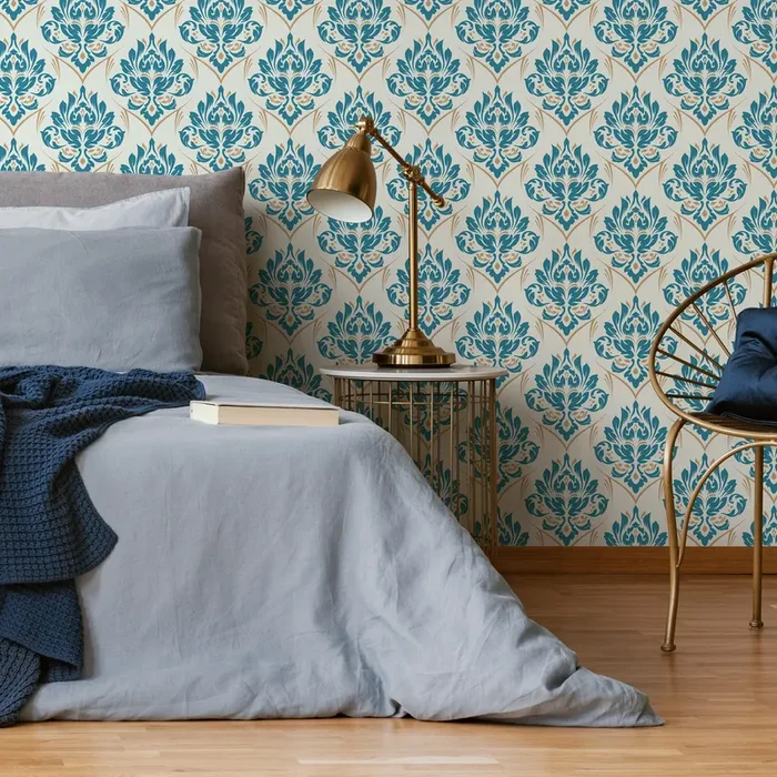 Damask Wallpaper With An Intricate Motif In Blue, Beige, And Cream – D230