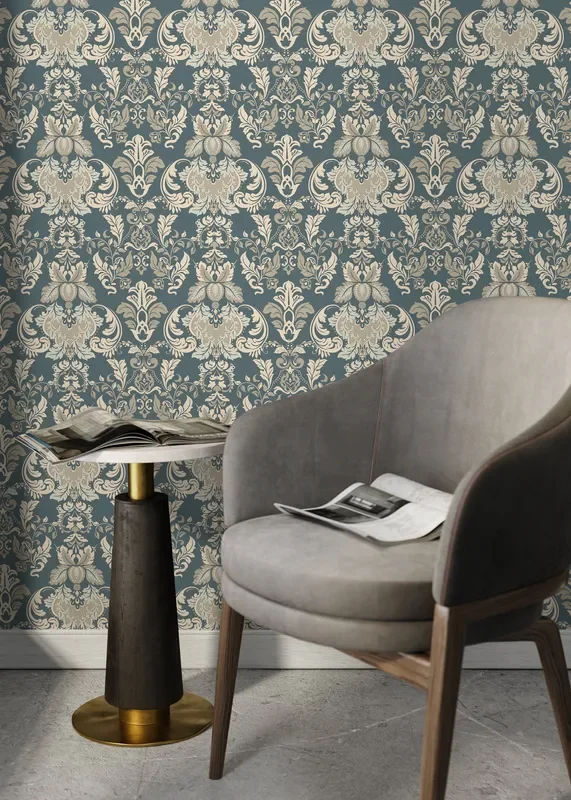 Damask Wallpaper With An Intricate Victorian Motif In Green, Beige, And Cream – D094