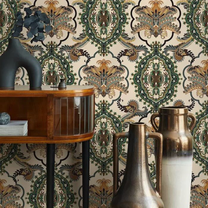 Damask Wallpaper With An Ornate Victorian Paisley Motif In Green, Gold, And Brown – C700