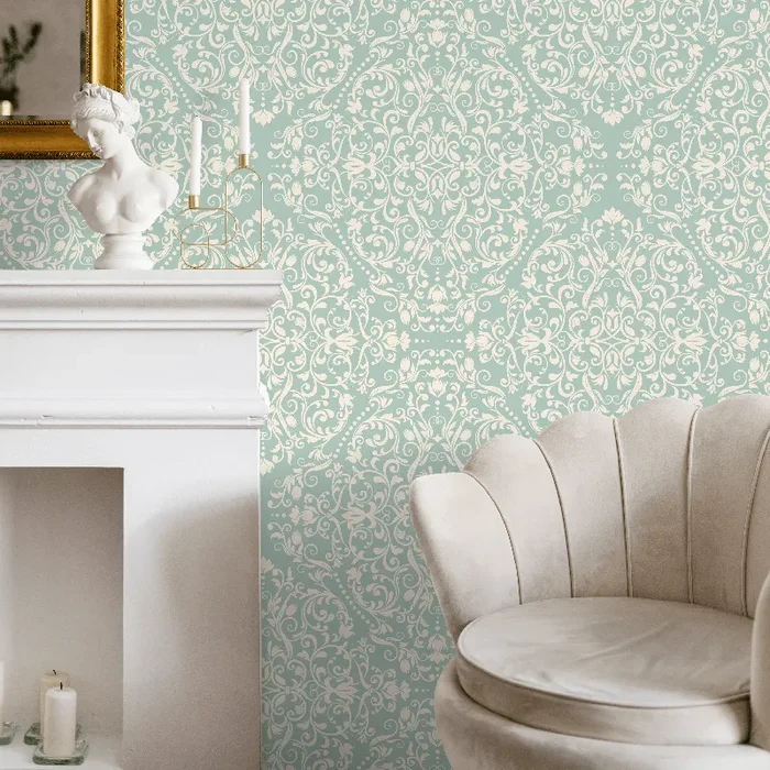 Damask Wallpaper With Intricate Scrolls In Sage Green And Cream – B670