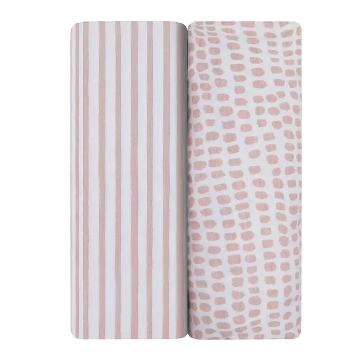ELY`S & CO. WATERPROOF CRIB SHEET SET 100% JERSEY COTTON 2 PACK – STRIPES AND SPLASH PINK