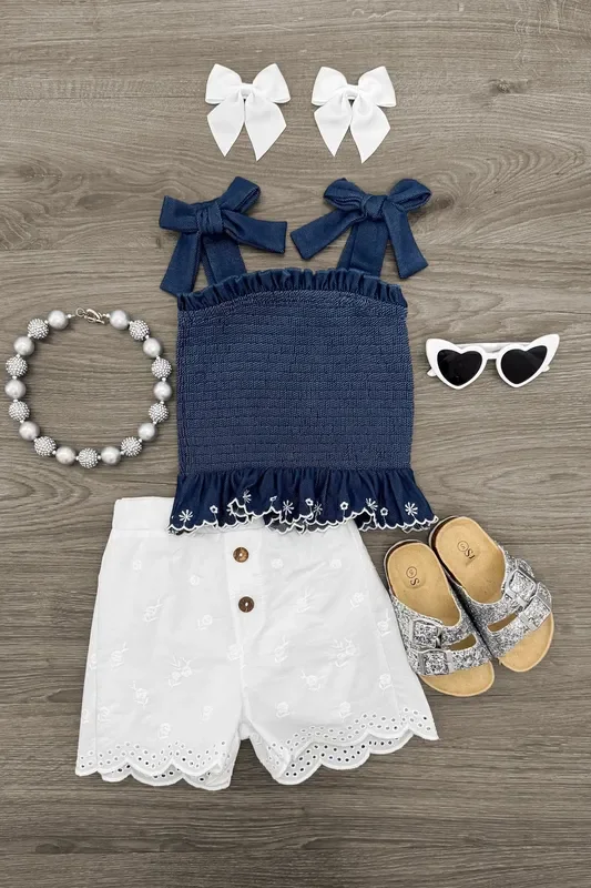 Embroidered Denim Floral White Short Set
