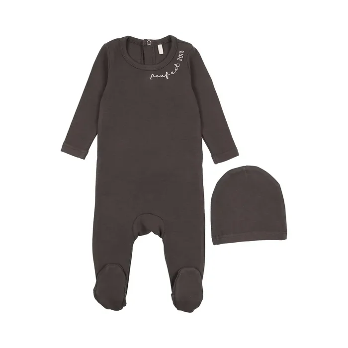 Embroidered Footie- Dark Grey