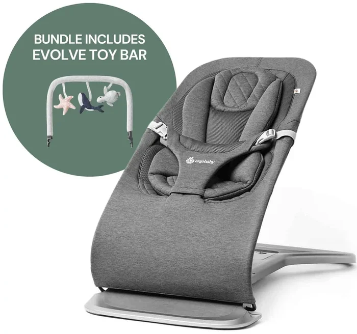 Ergobaby 3-in-1 Evolve Bouncer + Toy Bar Bundle – Charcoal Grey