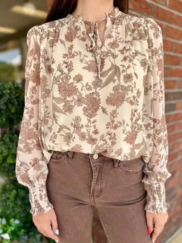 Fall In Love Taupe Floral Smocked Detail Top