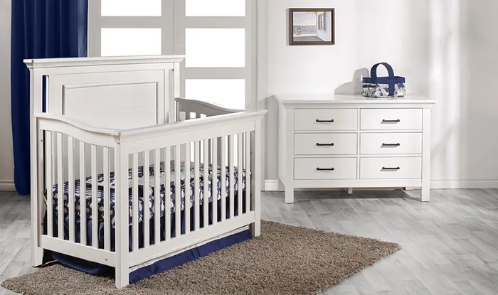 Fawn Baby Yosemite 2 Piece Nursery Set – Flat Top Crib and Double Dresser in Vintage White