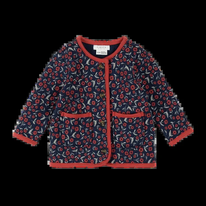 FIRSTS Poppy Floral Print on Dress Blue Quilted Cardigan
