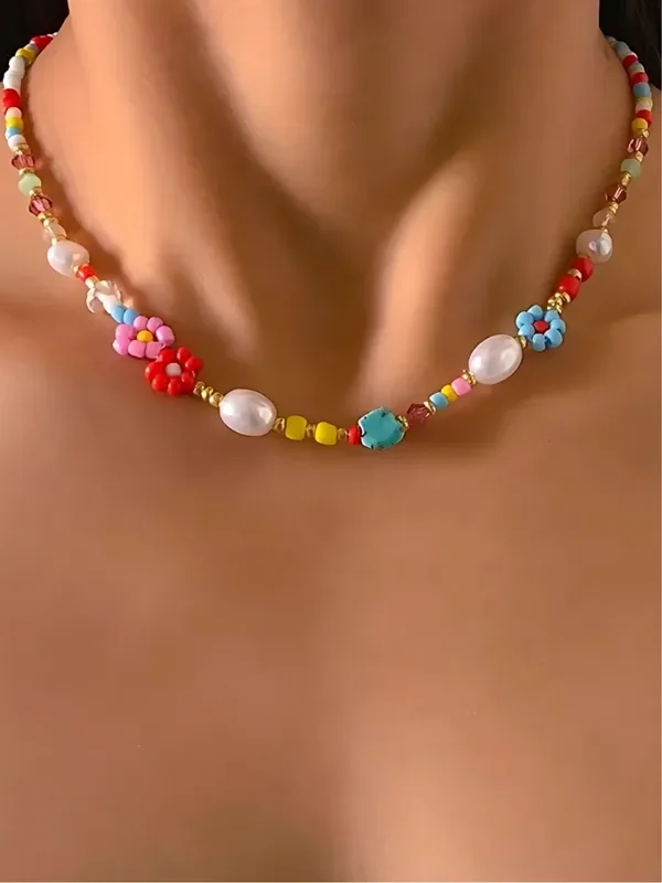 Floral Colorful Beaded Choker Necklace