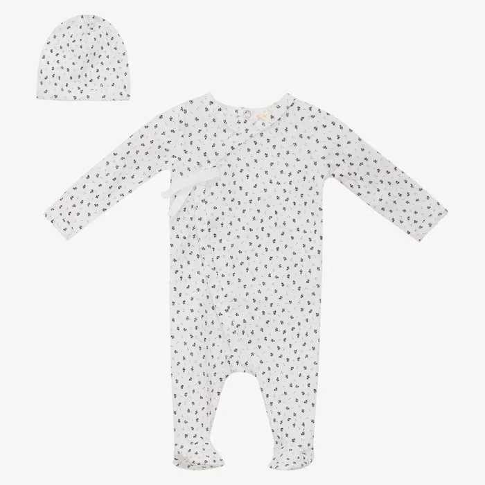 Floral Footie And Hat – White Black