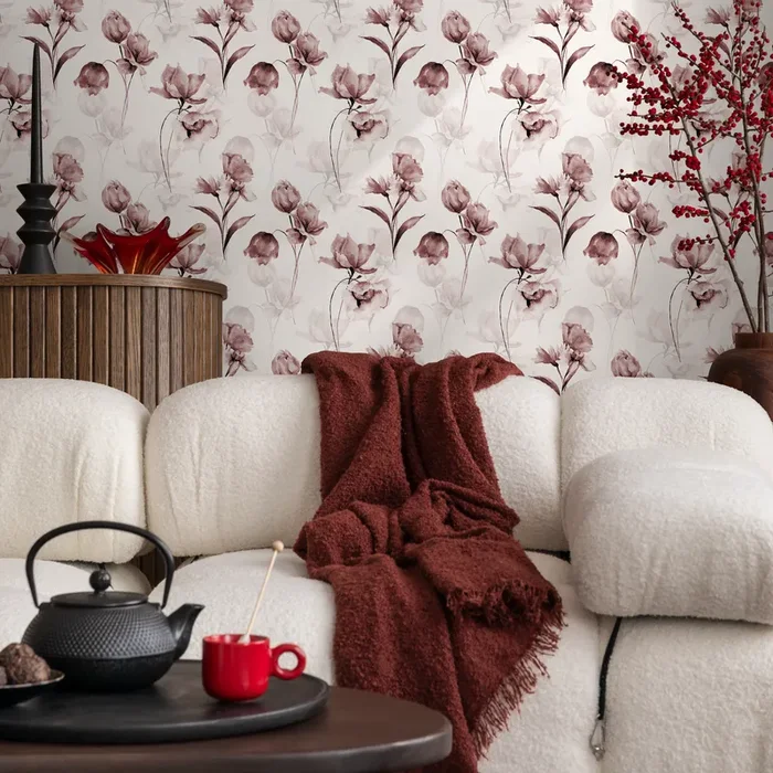 Floral Wallpaper Featuring Ethereal Blooms In Dusty Rose And Brown – C793