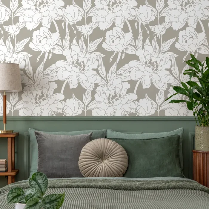 Floral Wallpaper Featuring Peony Line Art In Taupe And White – C915