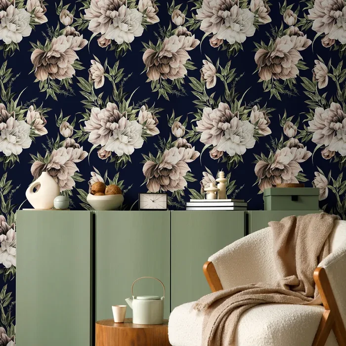 Floral Wallpaper Featuring Vintage Peonies In Navy Blue, Brown, And Cream – D643