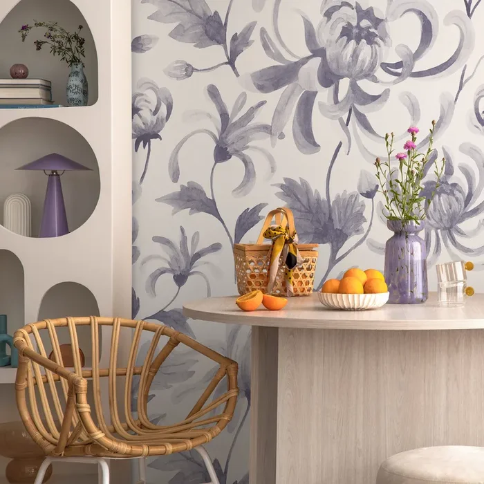 Floral Wallpaper Featuring Watercolor Chrysanthemums In Purple – C956