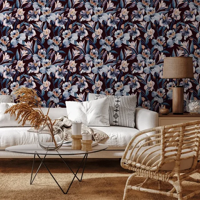 Floral Wallpaper Featuring Watercolor Lilies In Blue, Orange, And Burgundy – A942