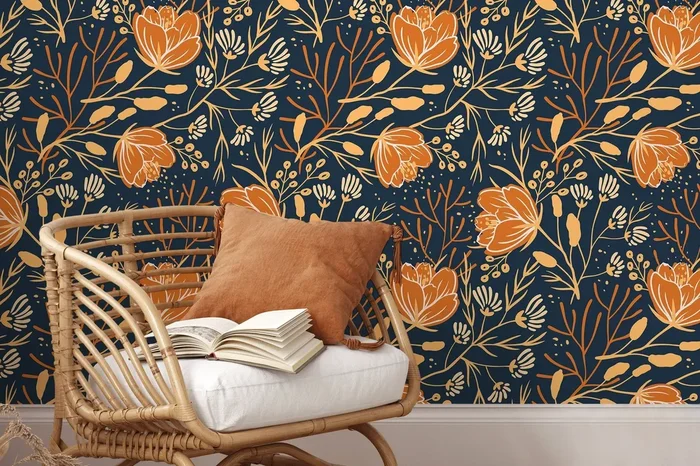 Floral Wallpaper With A Folk Art Motif In Navy Blue, Orange, And Cream – D152