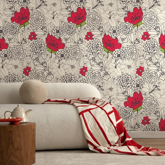 Floral Wallpaper With A Graphic Line Art Motif In Red, Black, And Beige – A138