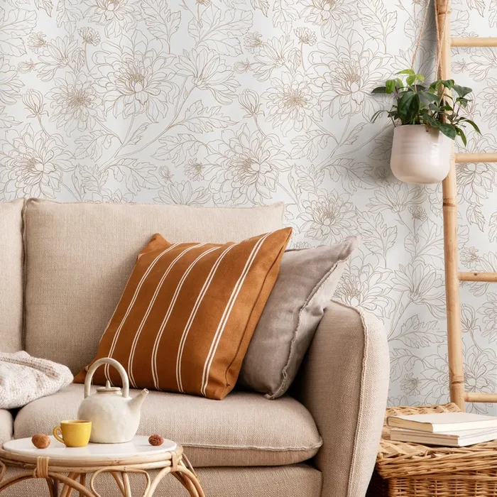 Floral Wallpaper With A Minimalist Peony Line Art Motif In Beige – Zabr