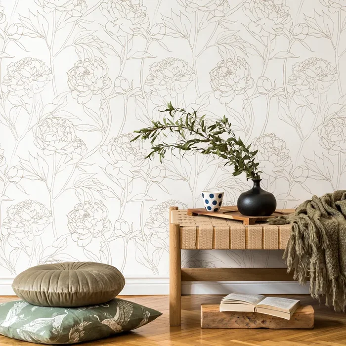 Floral Wallpaper With A Minimalist Peony Motif In Beige – Zabw