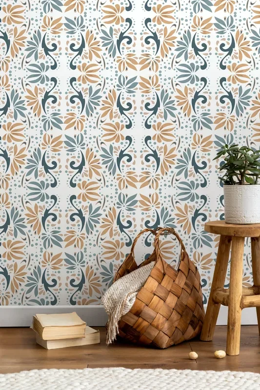 Floral Wallpaper With A Stylized Damask Motif In Teal, Tan, And Blue – D250