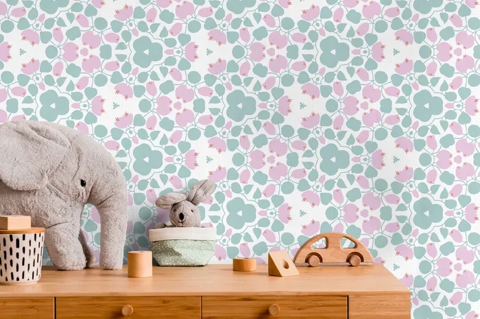 Floral Wallpaper With A Symmetrical Blossom Motif In Pink And Teal – X046