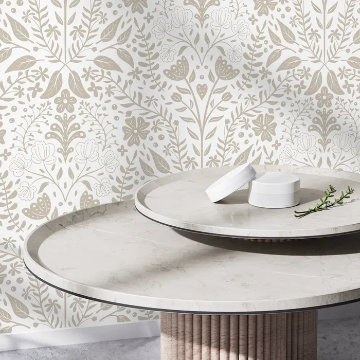 Floral Wallpaper With A Symmetrical Folk Art Motif In Neutral Beige – D039