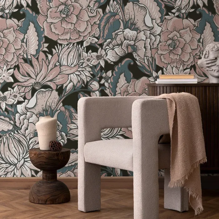 Floral Wallpaper With A Vintage Etched Motif In Pink, Slate Blue, And Black – B164