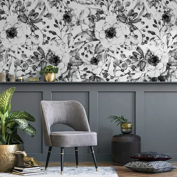 Floral Wallpaper With A Watercolor Anemone Motif In Black And White – A752