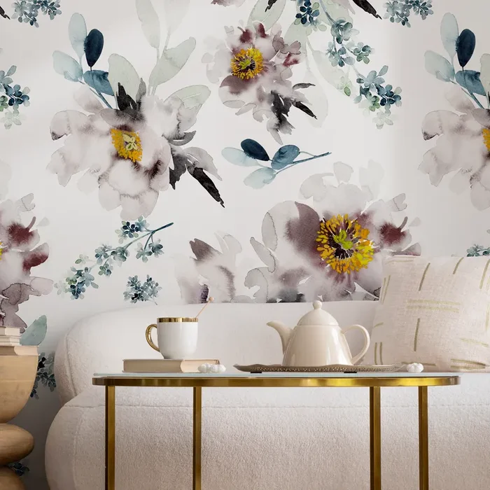 Floral Wallpaper With A Watercolor Peony Motif In Mauve, Blue, And Yellow – B219