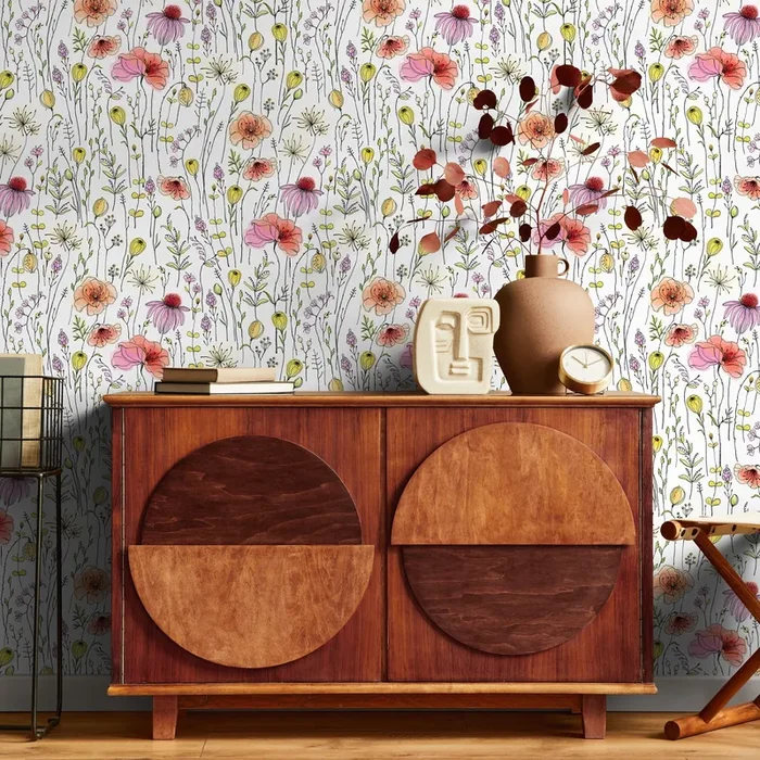 Floral Wallpaper With A Wildflower Meadow In Pink, Peach, And Yellow – B018