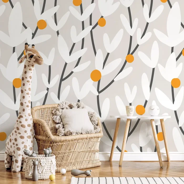 Floral Wallpaper With Abstract Blooms In Orange, White, And Charcoal – X178