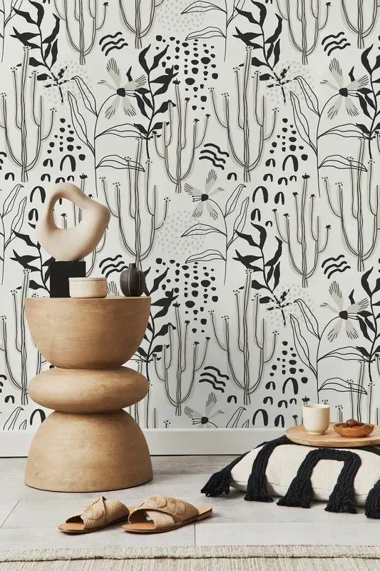 Floral Wallpaper With Abstract Cacti And Wildflowers In Black And Gray – D315
