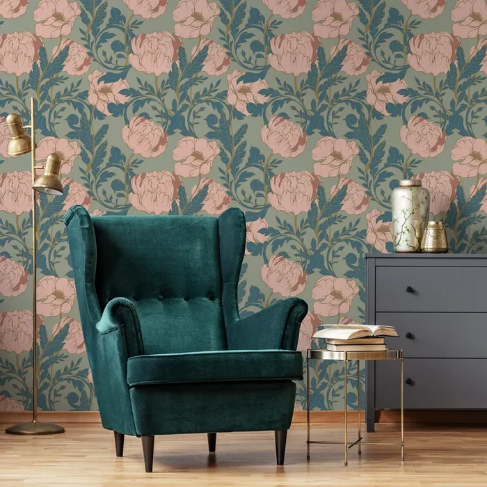 Floral Wallpaper With An Art Nouveau Peony Motif In Sage Green, Pink, And Teal – C292