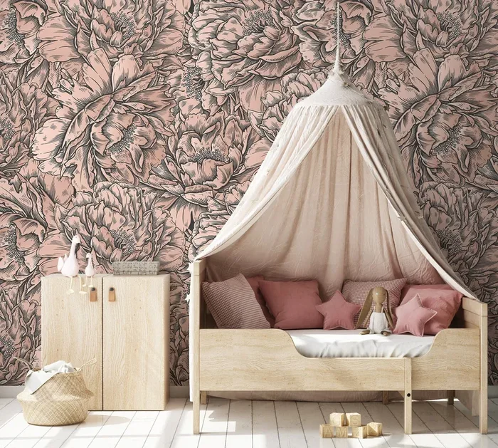 Floral Wallpaper With An Etched Peony Motif In Pink And Black – D517