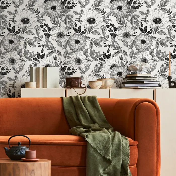 Floral Wallpaper With An Illustrative Anemone Motif In Black And White – B011