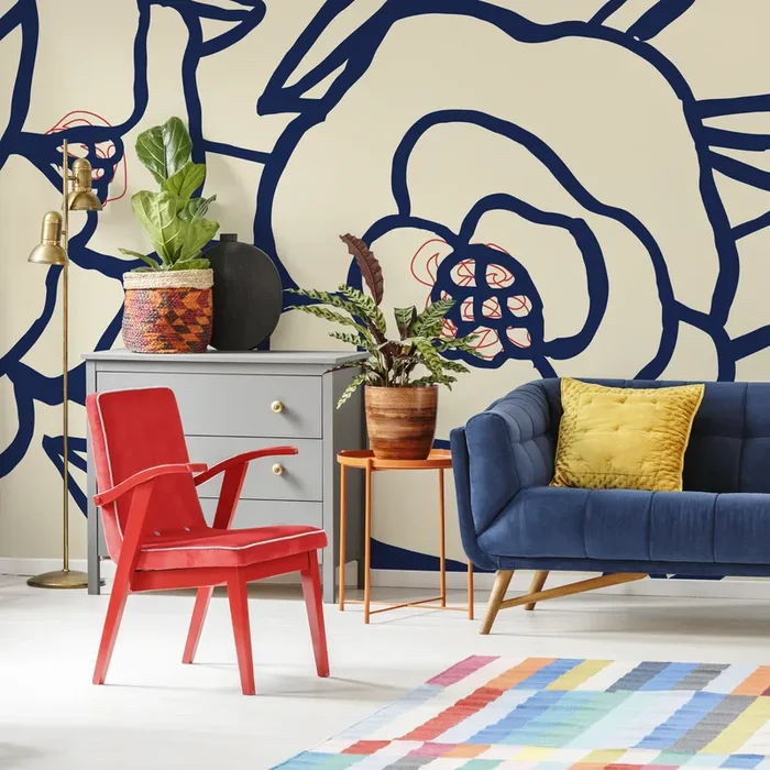 Floral Wallpaper With Bold Abstract Blooms In Navy Blue, Red, And Cream – C124