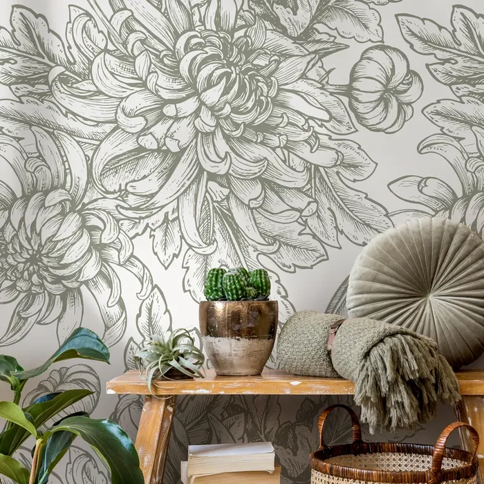 Floral Wallpaper With Hand-drawn Chrysanthemums In Sage Green – C300