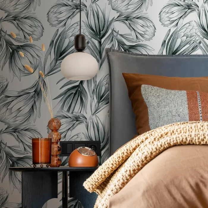 Floral Wallpaper With Hand-drawn Protea Flowers In Dark Green And Grey – B025