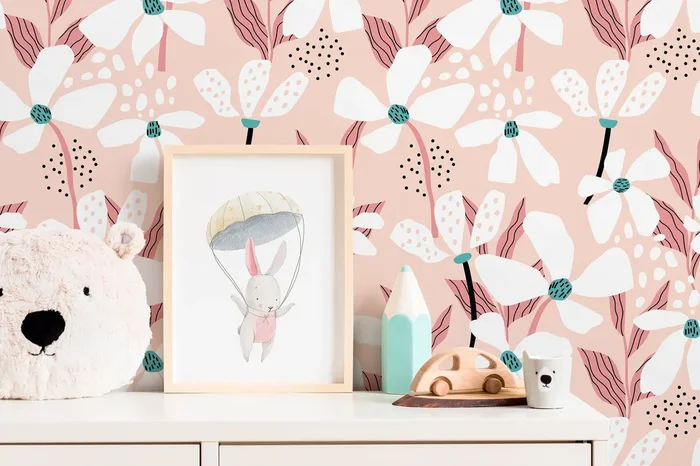 Floral Wallpaper With Stylized Abstract Flowers In Pink, Teal, And Black – D372