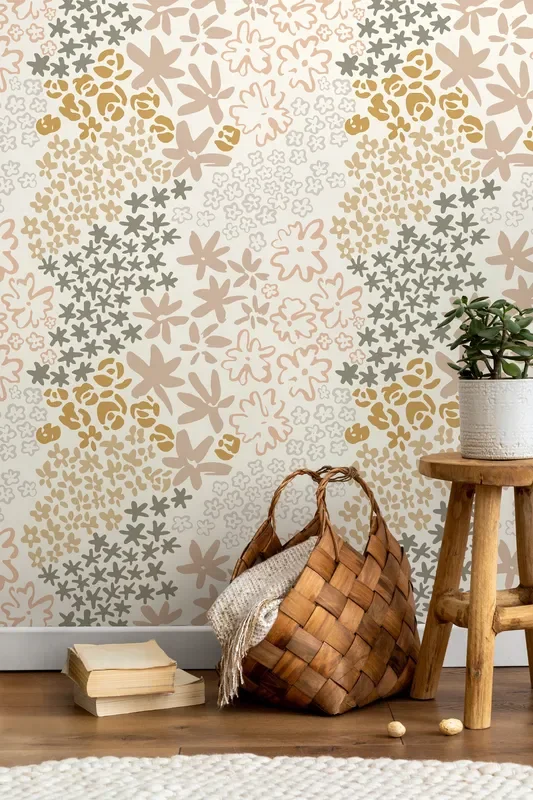 Floral Wallpaper With Stylized Blooms In Gold, Mauve, And Sage – D167
