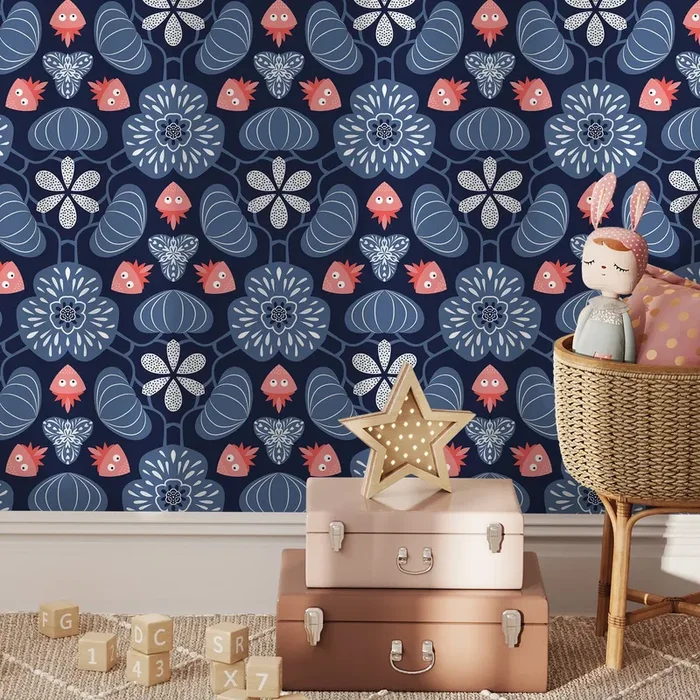 Floral Wallpaper With Stylized Folk Blooms In Navy Blue, Light Blue, And Coral – X050
