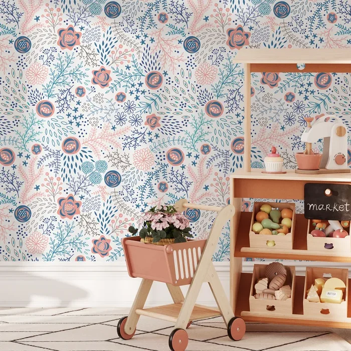 Floral Wallpaper With Stylized Meadow Blooms In Coral, Blue, And Teal – B696