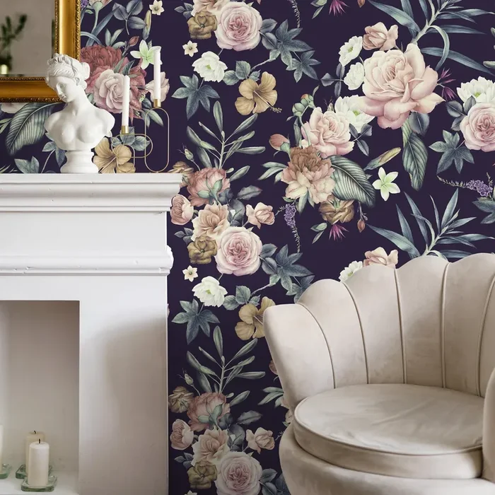 Floral Wallpaper With Vintage Roses In Pink, Green, And Dark Purple – A237