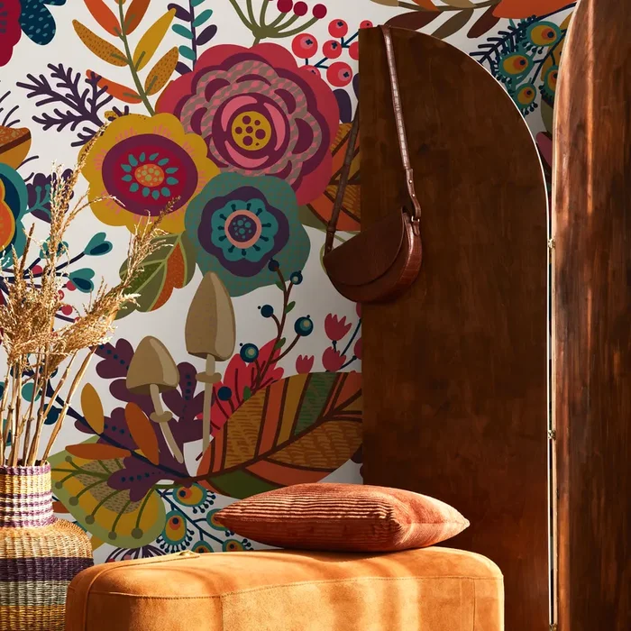 Folk Art Wallpaper With Whimsical Flowers And Mushrooms In Red, Yellow, And Teal – B398