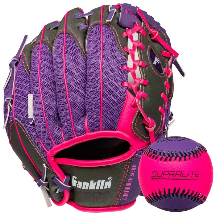 Franklin Sports 9.5” Meshtek Glove with Ball – Purple/Pink