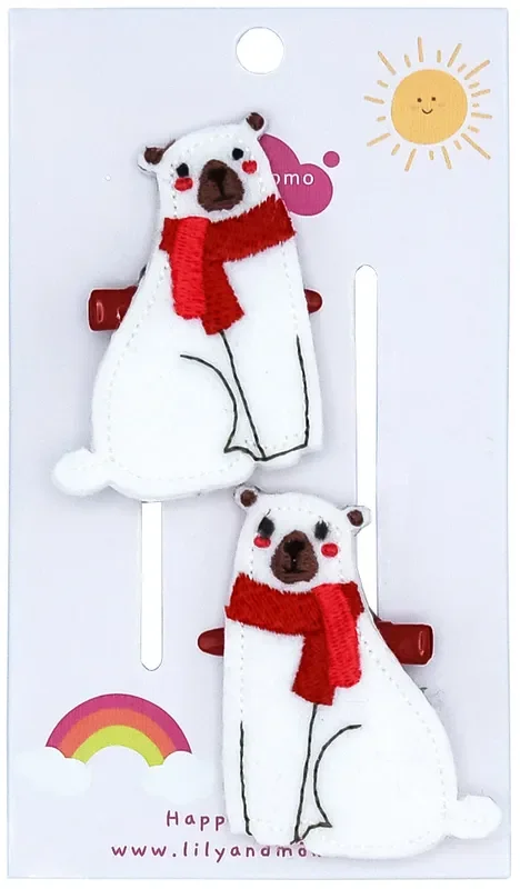 Friendly Polar Bear Hair Clips- Snowy White And Red