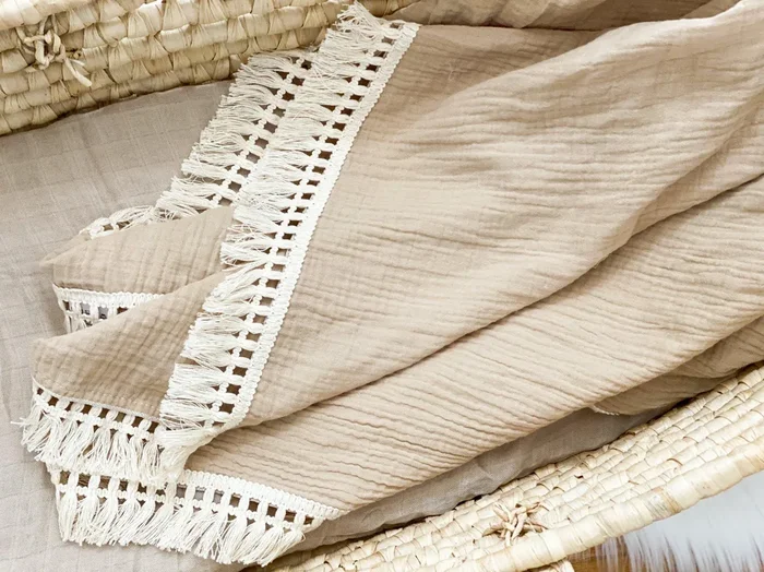 Fringe Swaddle Blanket – Tan